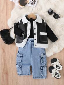 3 件套女婴优雅甜美街头风格蓬松夹克背心和裤子套装，秋冬 - 黑色 - 查看 3