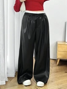SHEIN EZwear 大码女式撞色腰褶皱宽松阔腿西装裤