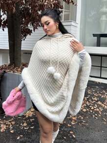 Celure Popular Bestselling Plus Size Women Elegant Warm Element Fuzzy Soft Warm Asymmetrical Hem Hooded Sweater Cape With Handmade Fringe/Pom Pom Accent