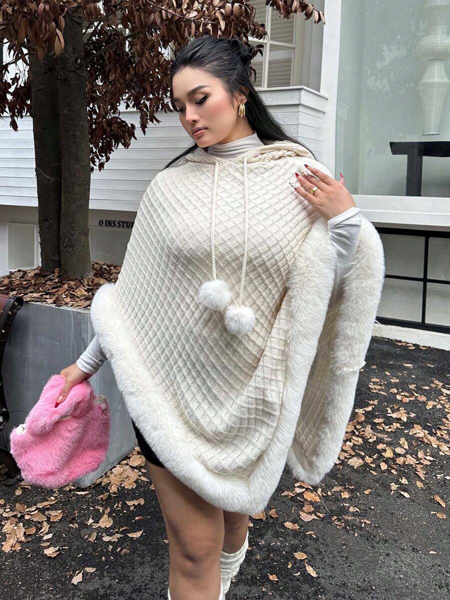 Celure Popular Bestselling Plus Size Women Elegant Warm Element Fuzzy Soft Warm Asymmetrical Hem Hooded Sweater Cape With Handmade Fringe/Pom Pom Accent