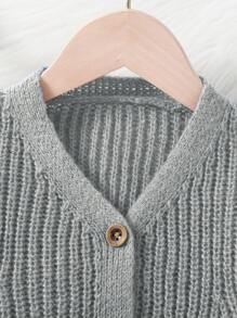 SHEIN Jonge meisjes en jonge meisjes vesten in beige, wit, lichtgeel, abrikoos, comfortabel en warm met creatief oorhaakpatroon, eenvoudig en veelzijdig, lantaarnmouw, V-hals, geribbelde manchetten, modieus en nieuwe stijl, geschikt voor alle seizoenen, mooi en elegant, perfect voor buiten, school en dagelijks gebruik, lichtgewicht en comfortabel gebreid trui-jack - Grijs - Bekijken 3