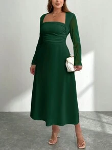 SHEIN Privé Vestido largo de corte evasé sin mangas talla grande para mujer, vestido verde de cuello alto, ajustado con ribete de volantes y abertura lateral, para otoño y vuelta al colegio