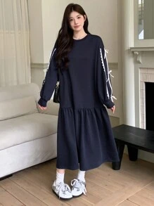 DAZY 1 件女式纯色拼接蝴蝶结装饰休闲中长连衣裙秋冬 - 藏蓝色 - 查看 3