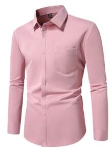 Manfinity Mode Casual Long Sleeve Button-Front Collared Shirt With Pockets, Solid Color (Not Positioned), Mens Pink Dress Shirt