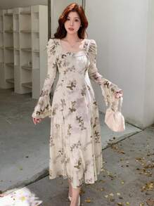 DAZY 女式花卉印花泡泡袖方领中长连衣裙，荷叶边，秋季服装长袖连衣裙 - 杏色 - 查看 6