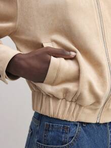 BizChic 女士棕色仿麂皮长袖夹克外套，适合感恩节、圣诞节、通勤 - 卡其色 - 查看 10