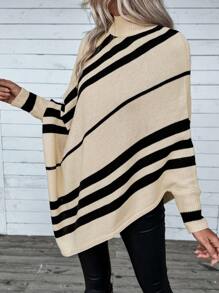 Chiquease Women Half-Turtleneck Oblique Striped Batwing Sweater Knit Pullover Fall Winter Outfit