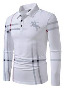 Manfinity Homme Men's Plaid Print Casual Commuter Long Sleeve Polo Shirt, Autumn,Boy Friend Gifts,White Polo - Multicolor - View 4