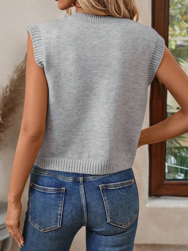 Women's Plain Crew Neck Single-Breasted Casual Loose Knit Sweater Vest For Autumn/Winter