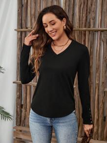 EMERY ROSE Kaos Dalam Wanita Fuzzy Top Hitam Berlapisan Termal dengan Hiasan Kancing di Manset - Hitam - View 5