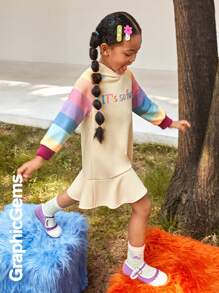 Young Girl Rainbow Striped Raglan Sleeve Hooded Ruffle Hem Sweatshirt Dress - Apricot - View 5