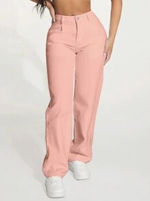SHEIN PETITE Casual Solid Color Straight Leg Jeans With Oblique Pockets, For Autumn