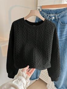 SHEIN 少女纹理针织加垫宽松短款圆领运动衫 - 黑色 - 查看 7