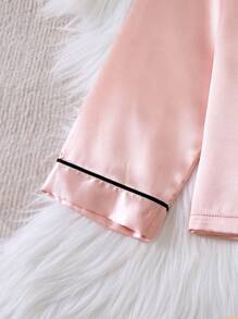 Teen Girl Contrast Piping Satin PJ Set - Coral Pink - View 4