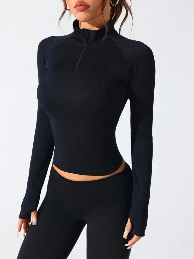 SHEIN Sports Solid Color Crew Neck Seamless Zip-Up Thumb Hole Tight Fit Activewear Sweatshirt - Black - View 5