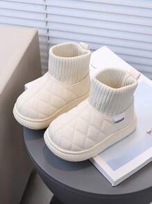 时尚保暖儿童靴，幼儿男孩/女孩保暖内衬踝靴，厚保暖雪地靴，英伦风格 - 米色 - 查看 1
