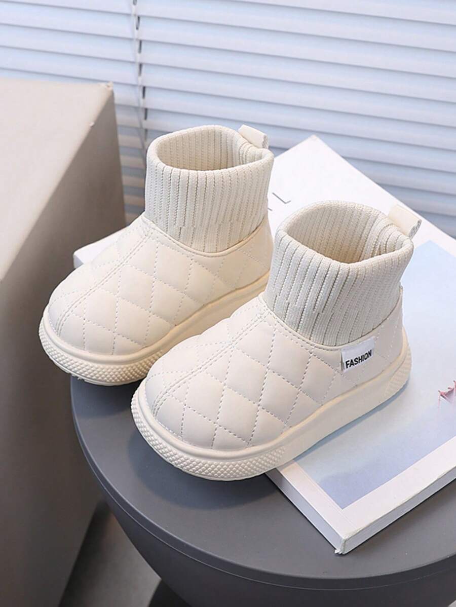 时尚保暖儿童靴，幼儿男孩/女孩保暖内衬踝靴，厚保暖雪地靴，英伦风格 - 米色 - 查看 1