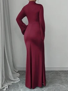 Elenzga 1pc Women's Elegant Solid Color Stand Collar Long Sleeve Ruched Fishtail Hem Bodycon Dress Burgundy Maxi Women Outfit