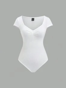 Sweetra Conjunto de 2 piezas informal con body de cuello de corazón fruncido y unicolor para mujeres