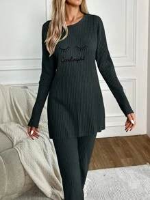 EURMUSE Women Cute Cartoon Eyelash Embroidery Long Sleeve Top And Long Pants Homewear Set - Black - View 4