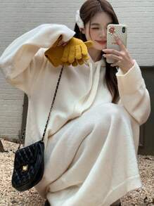 DAZY 女士直筒宽松连帽针织毛衣连衣裙，秋季服装 - 米色 - 查看 1