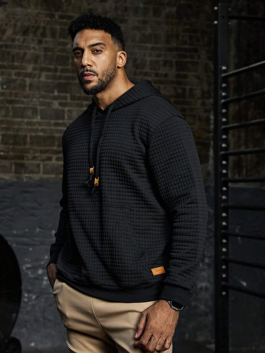 Gym Rark Plus Size Men's Solid Textured Drawstring Hooded Sweatshirt - Black - View 1