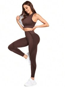 SHEIN Yoga Basic Bộ 2 sản phẩm/Bộ quần áo ba lỗ thể thao yoga liền mạch co giãn thoáng khí màu sắc và quần legging tập luyện cho nữ Bộ quần legging cho nữ - Màu nâu Sô-cô-la - Xem 5