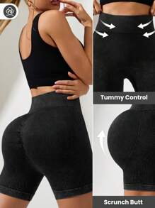 Easithlete Pantalones cortos deportivos casuales de unicolor sin costuras de cintura alta para mujeres - Gris Oscuro - Ver 4