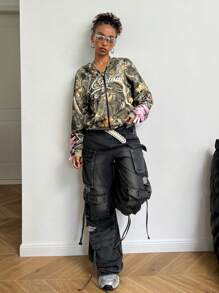 SHEIN EZwear 女款春夏 Y2K 迷彩条纹纹理装饰宽松卫衣