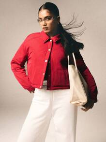 Athîral Women Casual Solid Color Short Jacket, Winter - Red - View 1