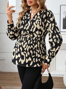SHEIN 孕妇豹纹纽扣 V 领衬衫系带休闲长袖女式衬衫 - 黑色 - 查看 3