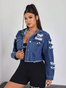 SHEIN EZwear 大码纯色纽扣式做旧毛边休闲长袖牛仔夹克 - 深色水洗藍 - 查看 2