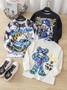 3pcs Kids Tween Boys Casual Graffiti Print Loose Fit Round Neck Pullover Long Sleeve Knitted T-Shirt Set, Suitable For Commuting, School, Daily Casual, Vacation, Sports, Applicable For Spring, Summer, Autumn, Winter