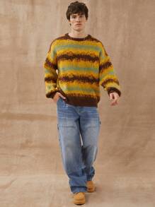Men Brushed Stripe Crewneck Knit Sweater Top