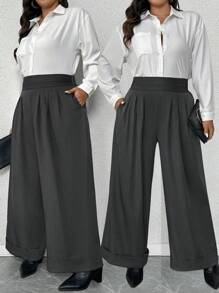 Calvaya 大码高腰褶皱阔腿裤，工作服 - 灰色 - 查看 8