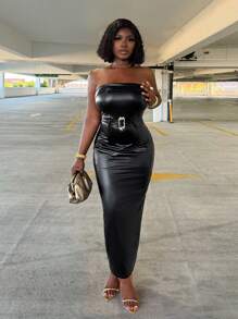 Zolique 女士纯色 PU 皮革长款修身连衣裙 - 黑色 - 查看 6