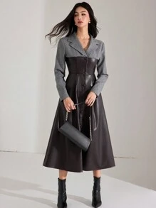 Heiryn Vestido coreano elegante de salir con cuello, de estilo elegante y de contraste de color con revestimiento de piel sintética - Multicolor - Ver 4