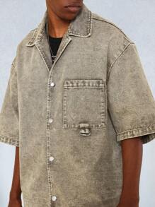 SUMWON Boxy Fit Revere Washed Denim Shirt With Back Embossed Design - Khaki - View 4