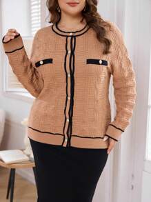 Modelyn Áo cánh thường ngày cổ tròn tay dài cài nút phía trước cỡ lớn màu tương phản - Màu Khaki - Xem 5