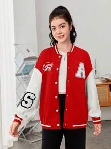 SHEIN 少女字母拼布印花长袖休闲夹克 - 紅色 - 查看 7