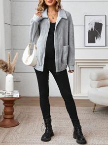SHEIN Maternity Jacket Patchwork Fluffy Pilot Zipper Jacket, Autumn/Winter - Grey - View 3