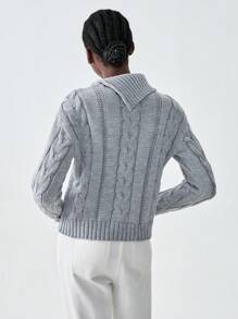 SHEIN Unity 纯色绞花针织圆领长袖毛衣，秋冬针织套头衫 - 灰色 - 查看 2