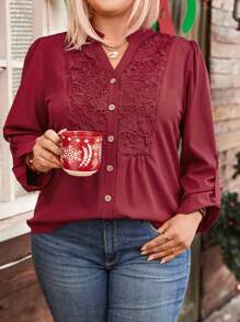 Plus Size Women Fall Plain Color Contrast Lace V-Neck Cuffed Sleeve Casual Blouse - Burgundy - View 3
