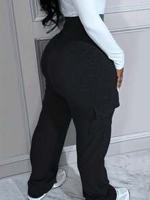 Quần dài màu trơn cạp cao cho nữ cỡ lớn - màu đen - Xem 2