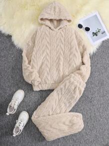 SHEIN 2 件套青少年女孩杏色连帽衫针织纹理提花毛绒宽松长袖长款运动服和家居服保暖冬季服装 - 杏色 - 查看 3