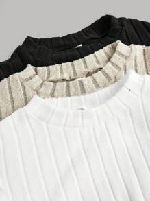 SHEIN Girlism Teen Girls 3pcs/Set Black, White & Beige Crew Neck Ribbed Texture Fitted Gigot Sleeve Graphic Tops, Elegant Vintage Style (Buy 1 Get 2 Free) - Multicolor - View 4