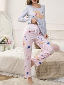 卡通可爱小狗印花女士圆领长袖上衣和裤子睡衣套装 - 彩色 - 查看 4