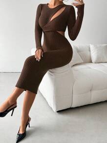 Chiquease Vestido suéter casual de outono e inverno com decote em V e mangas compridas - Castanho Café - Ver 6