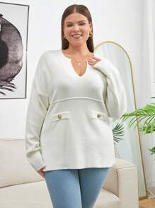 RueChic Plus Size Women Solid Color Drop Shoulder Button Detailed Pullover Sweater