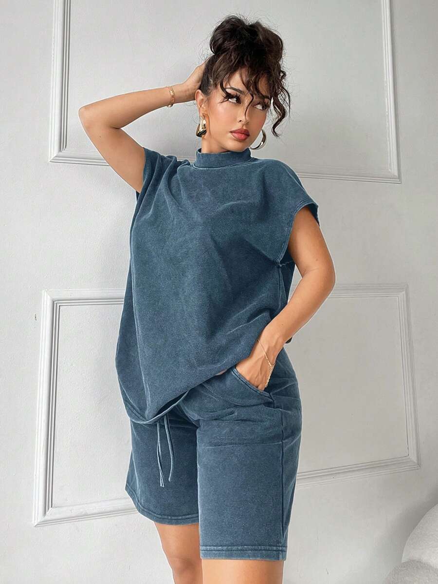 SHEIN SXY 2pcs Set: Distressed Linen Turndown Collar Drop Shoulder T-Shirt & Wide Leg Bermuda Shorts, Casual Summer Outfit - Navy Blue - View 1